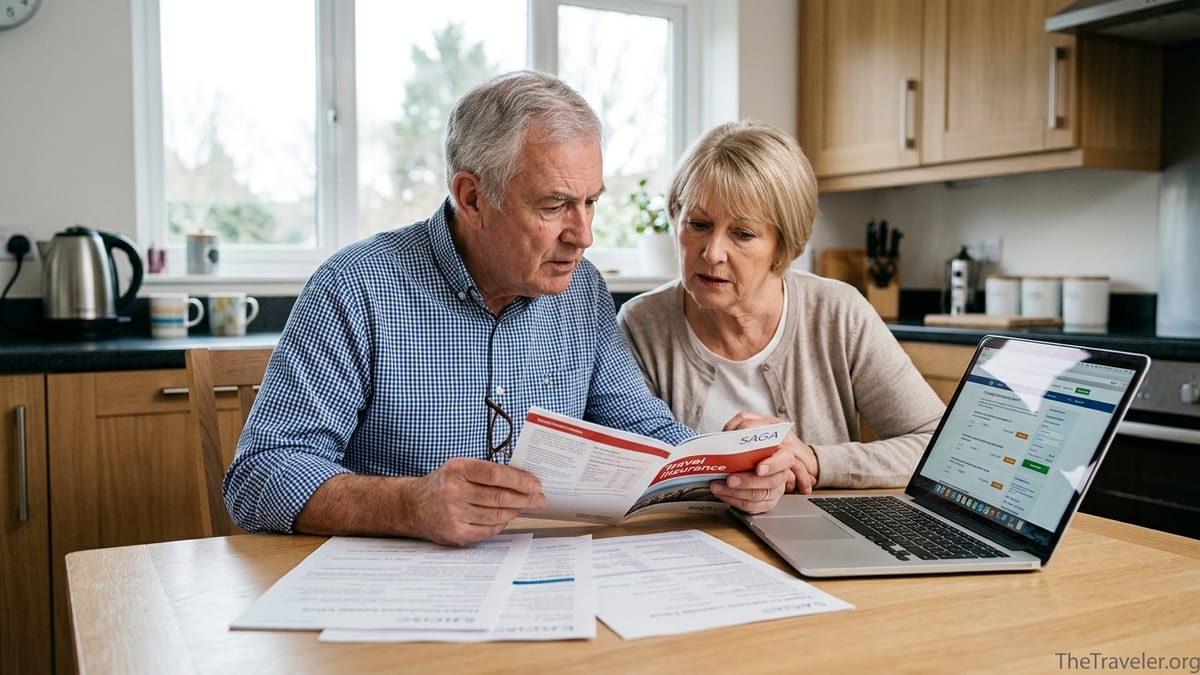 Older couple reviewing Saga travel insurance documents at a kitchen table with a laptop.