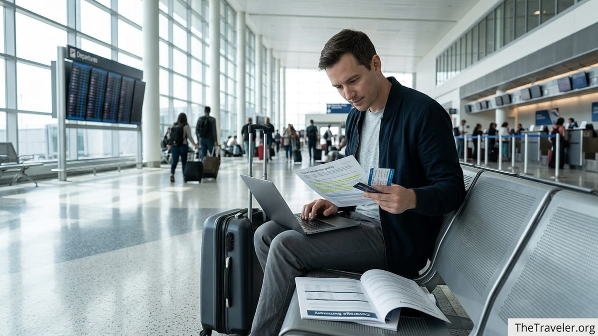 Traveler in an airport reviewing printed travel insurance documents beside luggage.