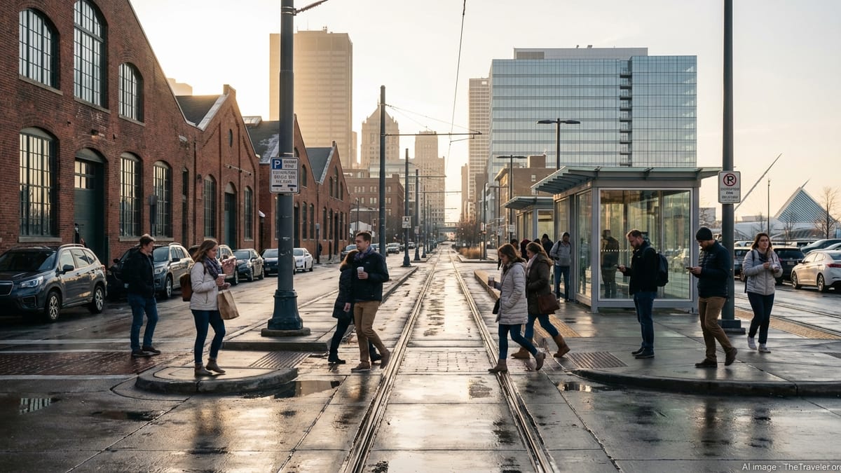 Visitors cross a busy Milwaukee downtown street at golden hour, reading parking signs near historic brick buildings.