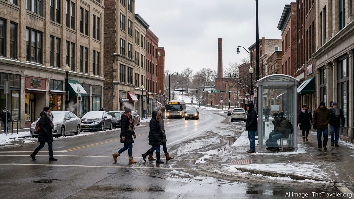 Winter street scene in downtown Rochester with pedestrians, snow and city bus.