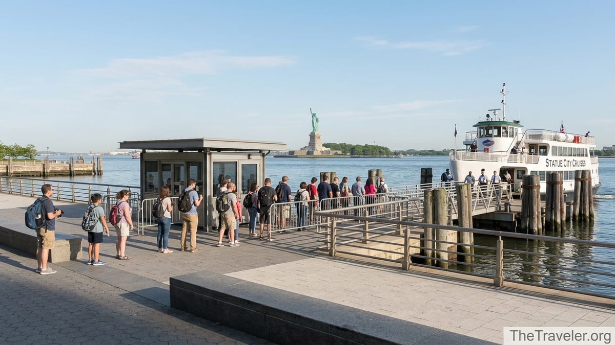 Morning visitors in a short line at Battery Park security with a Statue of Liberty ferry at the dock.