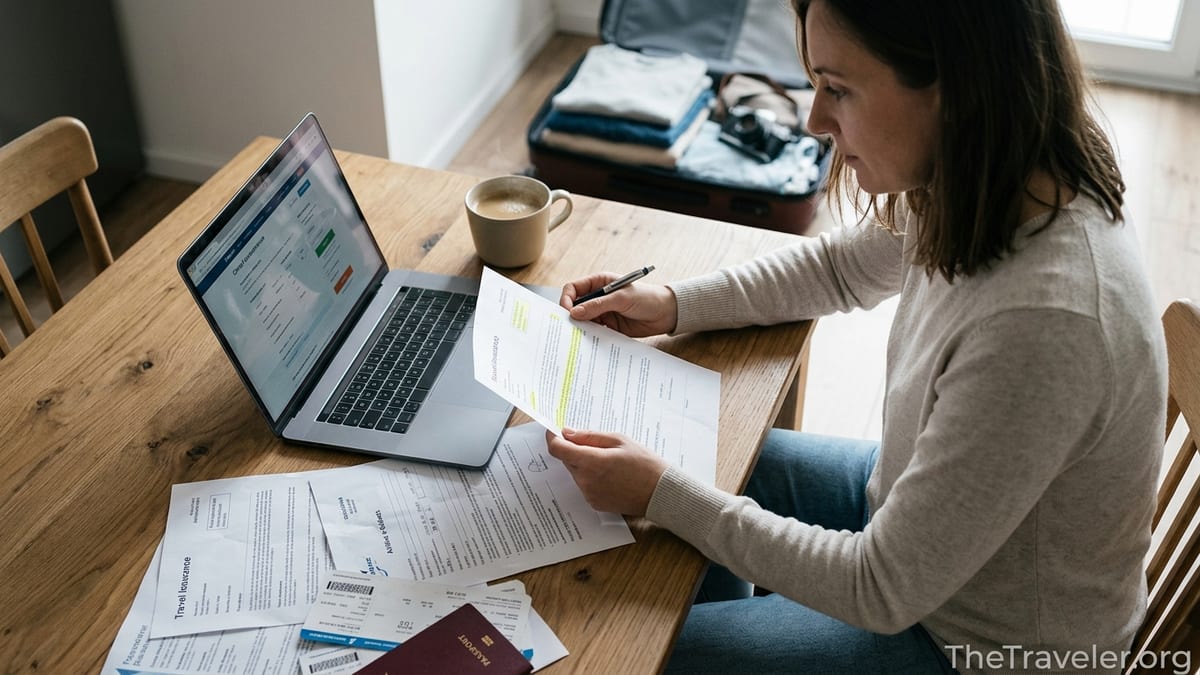 Traveler reviewing printed travel insurance documents at a kitchen table before a trip.