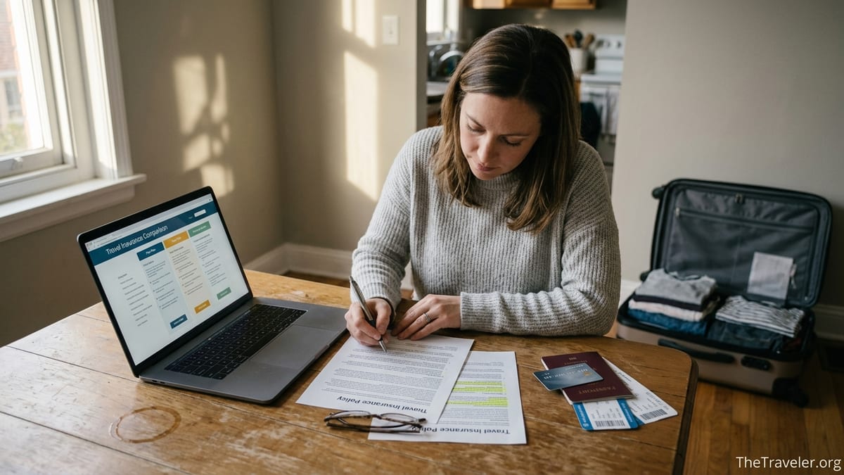 Traveler reviewing travel insurance documents and laptop plans before a trip.
