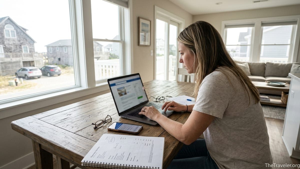 Traveler reviewing a vacation rental booking on a laptop at a bright kitchen table.