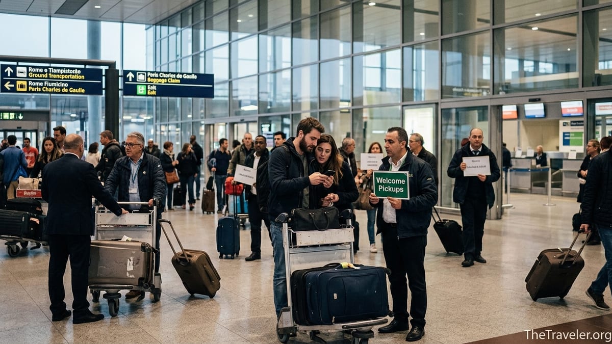 Travelers meeting a private transfer driver in a busy airport arrivals hall.