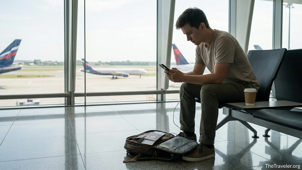 Traveler in an airport lounge setting up an eSIM app on a smartphone before a flight.