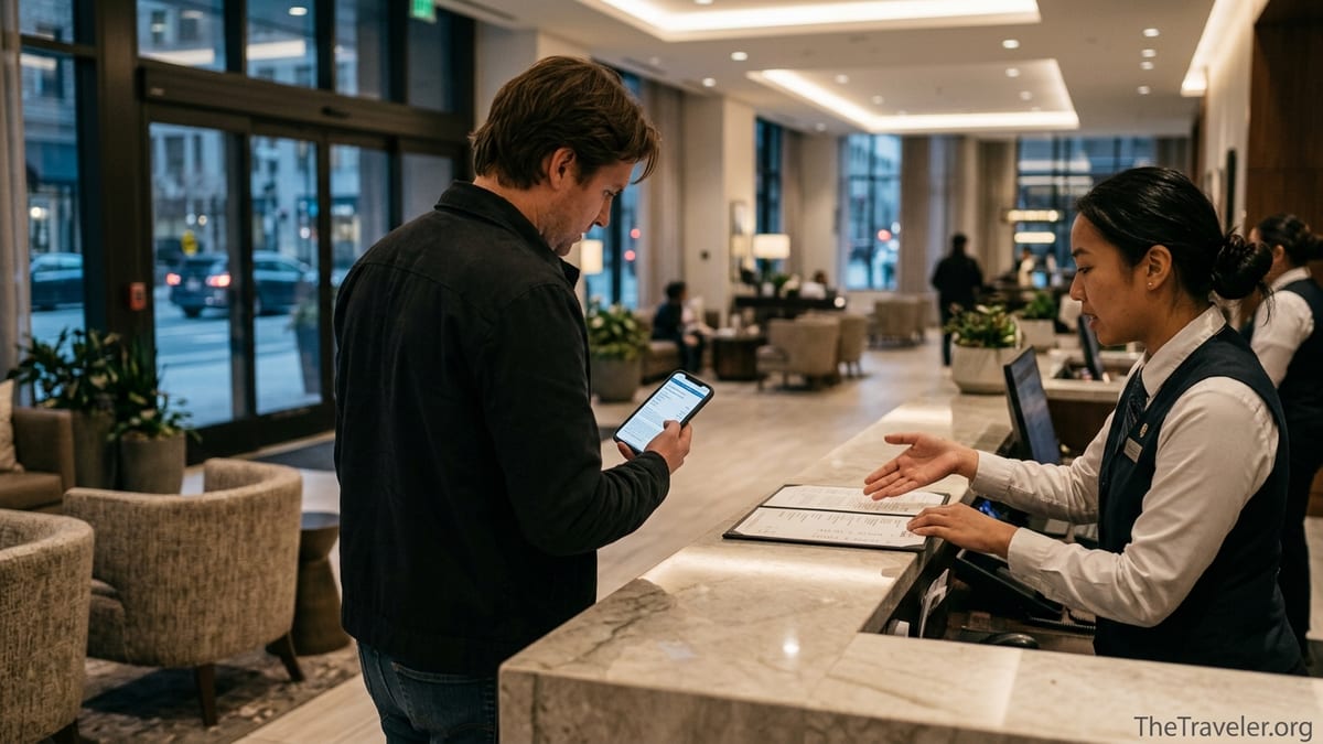 Traveler at a hotel front desk comparing a booking on their phone with unexpected fees on the bill.
