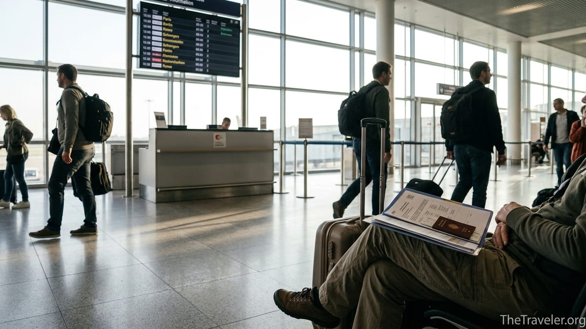 Traveler reviewing Schengen travel insurance documents at a European airport gate.
