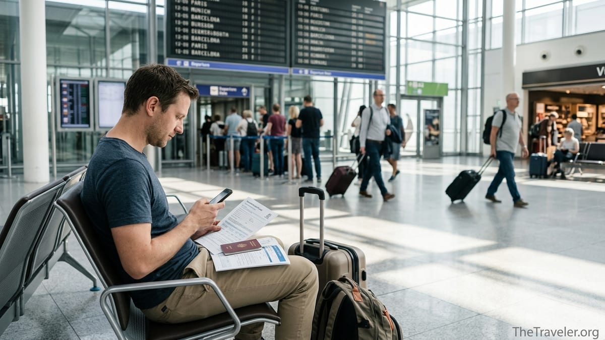 Traveler in a European airport reviewing Schengen travel insurance documents before boarding.