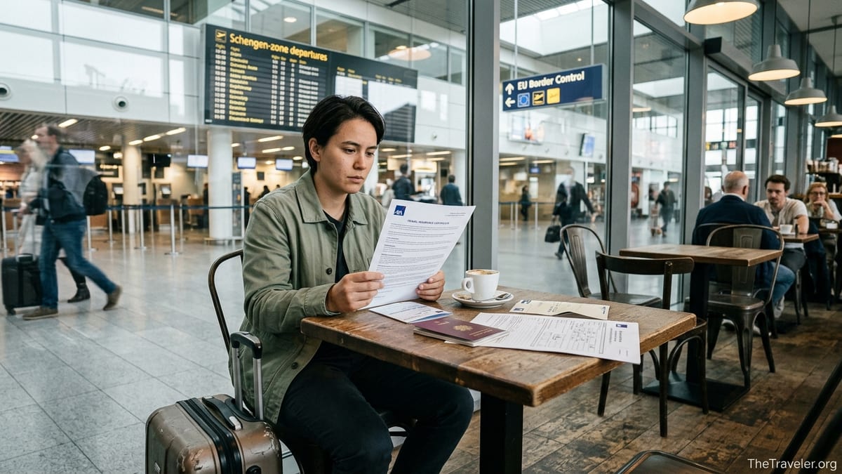 Traveler in a European airport café reviewing AXA Schengen travel insurance documents with passport and visa form.