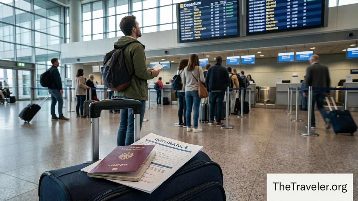 Traveler holding passport and insurance papers at a busy European airport check-in area.