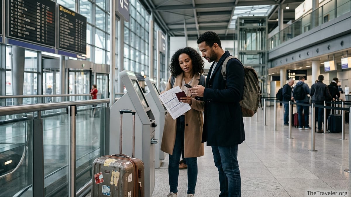 Travelers holding insurance documents at a European airport check-in area.