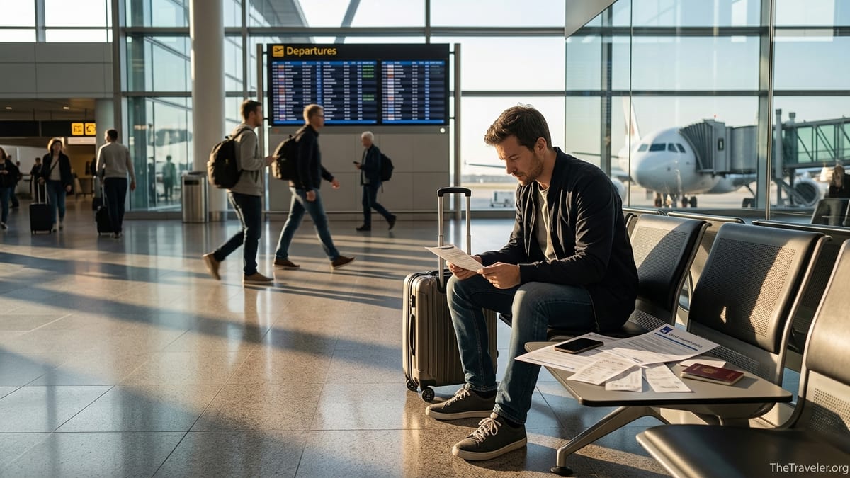 Traveler reviewing AXA travel insurance papers in an airport departure hall.