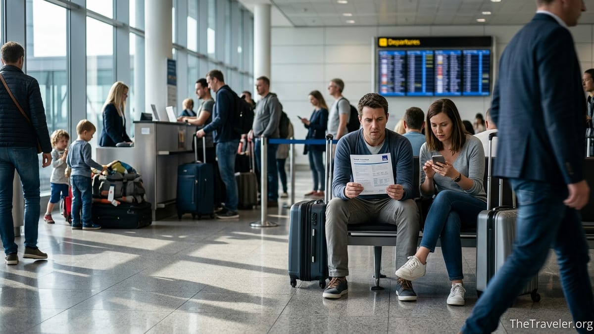 Travelers in an airport reviewing AXA travel insurance documents before a flight.