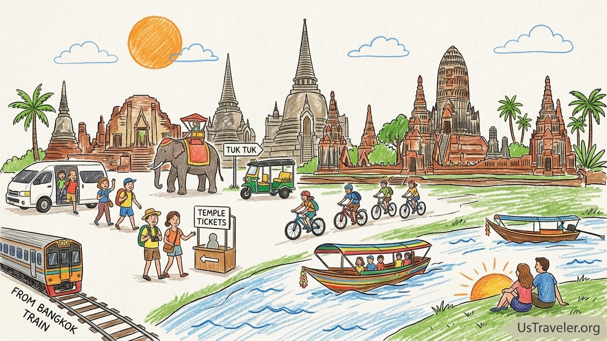 Traveler walking near Wat Chaiwatthanaram ruins in Ayutthaya with a long-tail boat on the river