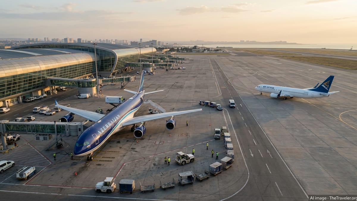 Azerbaijan Airlines and Kazakh aircraft on the tarmac in Baku at sunset.