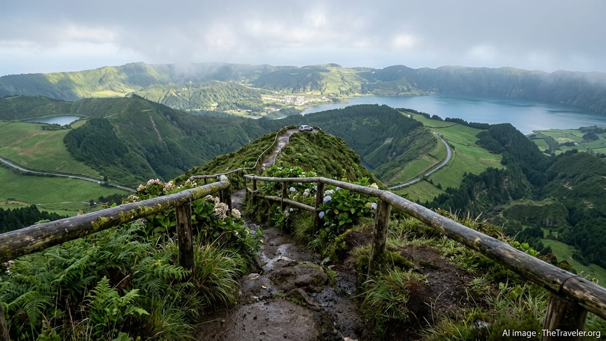 Quiet crater lake viewpoint in the Azores at sunrise with no crowds in sight