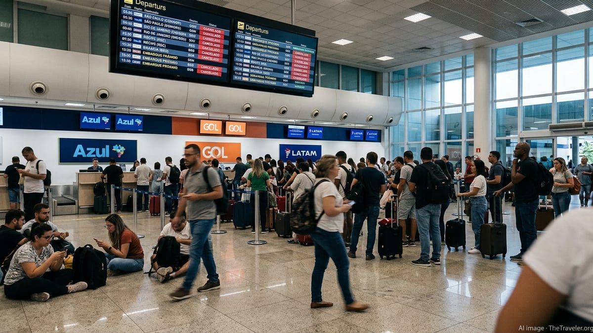 Crowded Brazil airport terminal with Azul, Gol and Latam counters during domestic flight cancellations.
