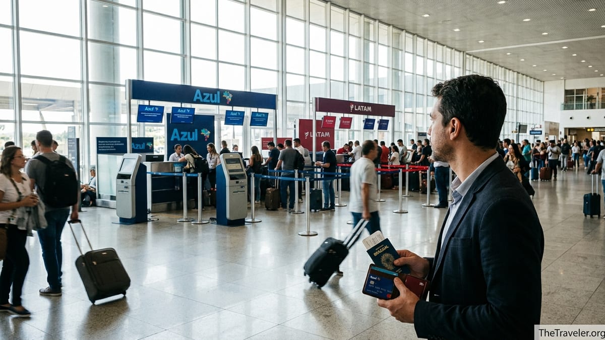 Traveler at São Paulo airport holding Azul and LATAM credit cards deciding which airline check-in line to join.