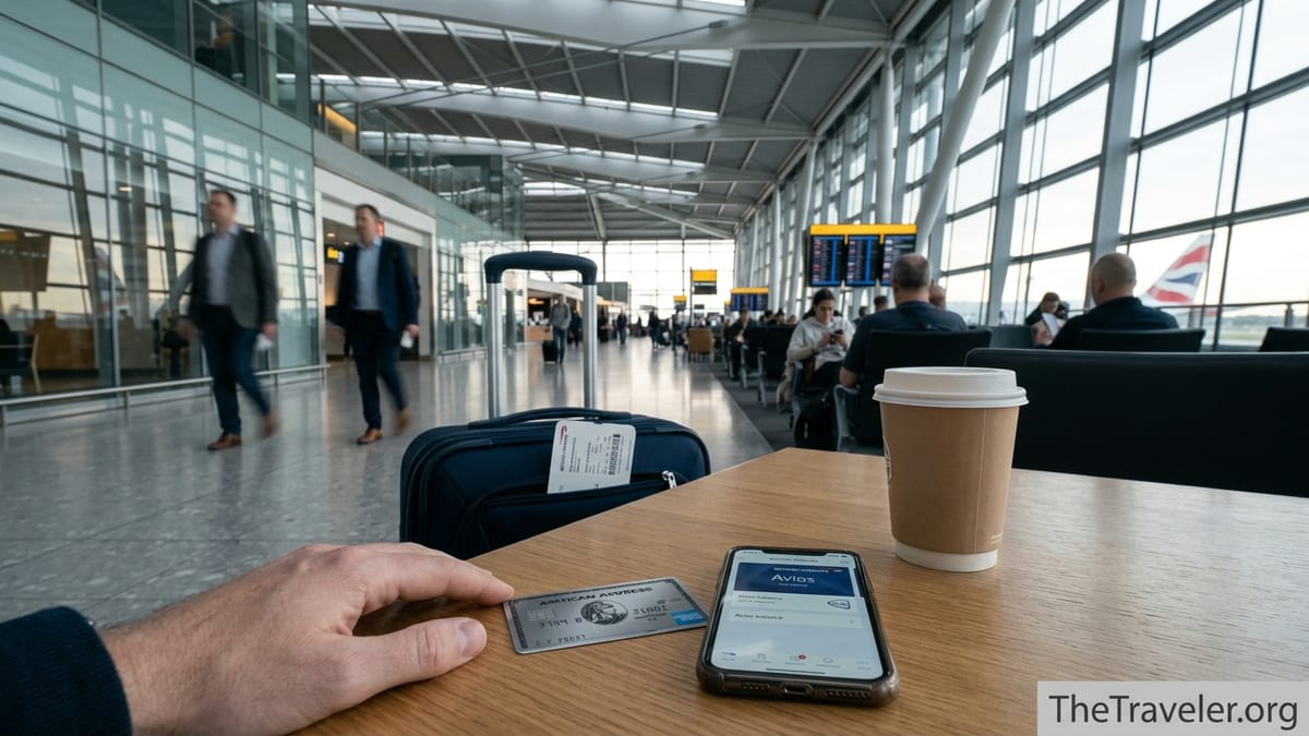 Traveller holding a BA American Express card in Heathrow Terminal 5 with boarding pass and suitcase.