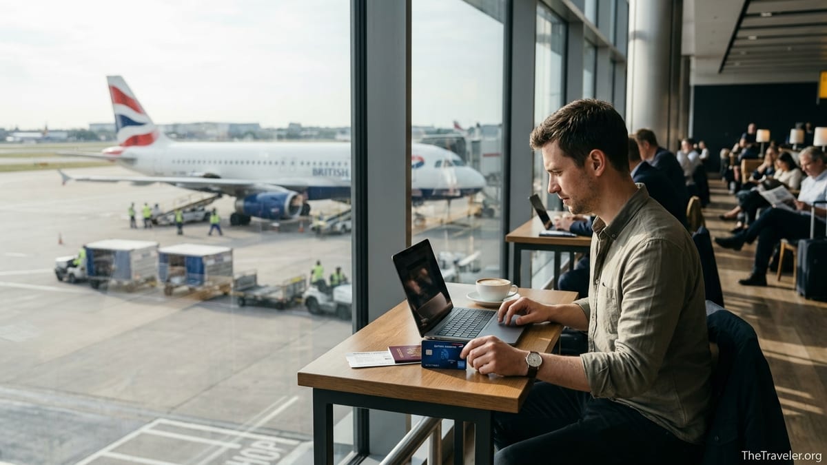 Traveller placing a British Airways American Express card on a table in Heathrow lounge with BA aircraft outside window.