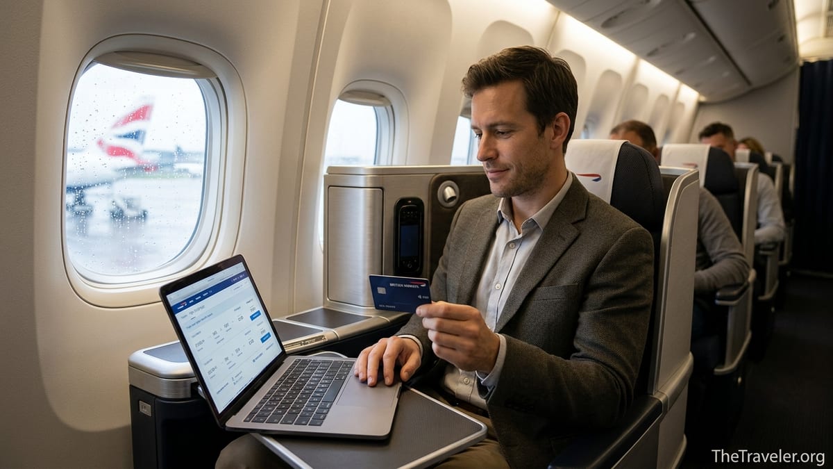 Traveler in British Airways Club World cabin holding BA Amex Premium Plus card while booking a flight.