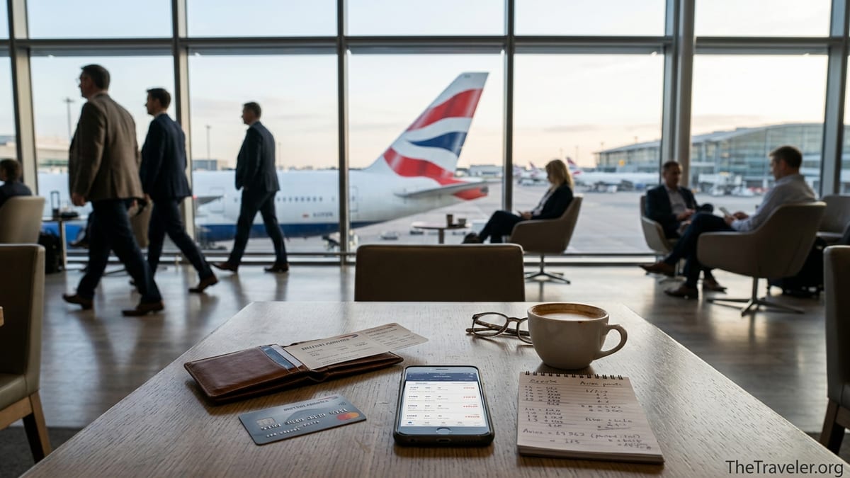 Traveler in Heathrow lounge reviewing a BA credit card, Avios notes and flight prices at a table.