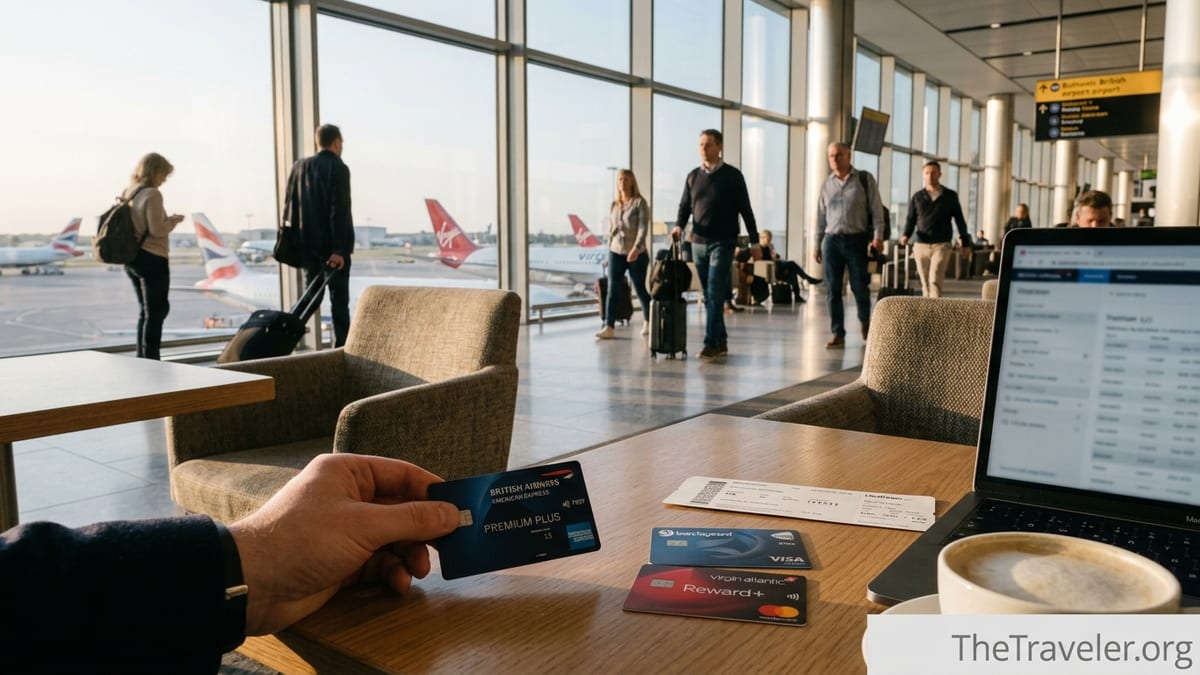 Traveller comparing British Airways Amex and rival airline credit cards in a Heathrow airport lounge.