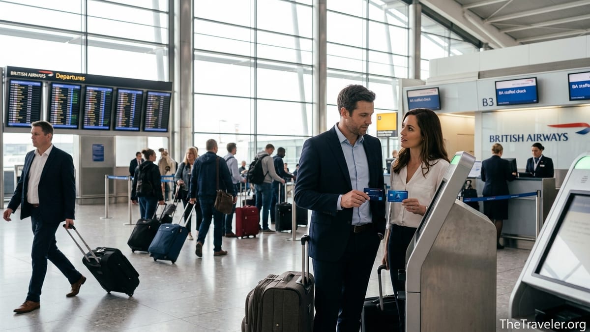 Couple comparing two British Airways Amex cards at a Heathrow Terminal 5 check-in kiosk.