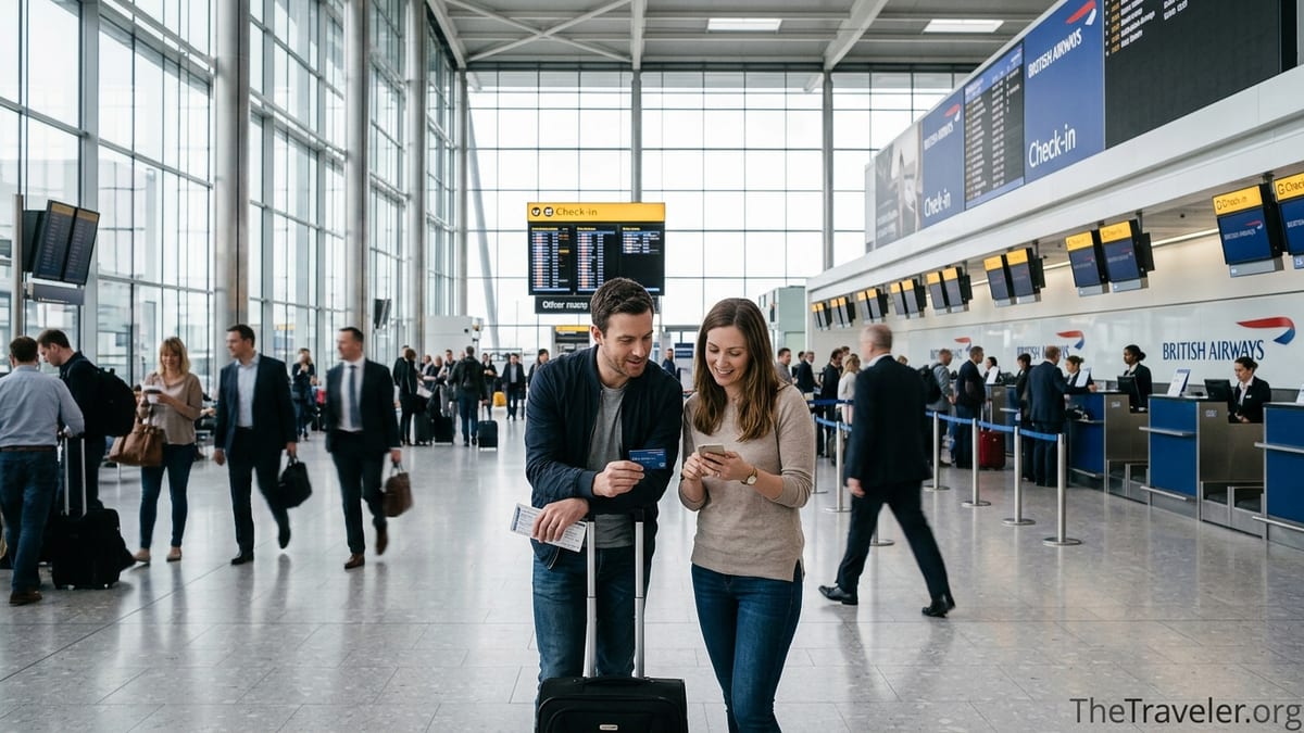 Couple holding a British Airways Amex card at Heathrow Terminal 5 check-in area.