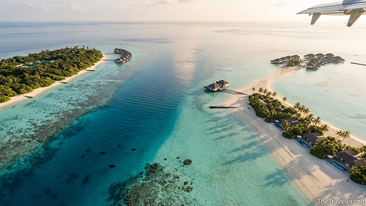 Aerial view of two contrasting Maldives islands, one reef-rich and one ultra-private, in the northern atolls at golden hour.