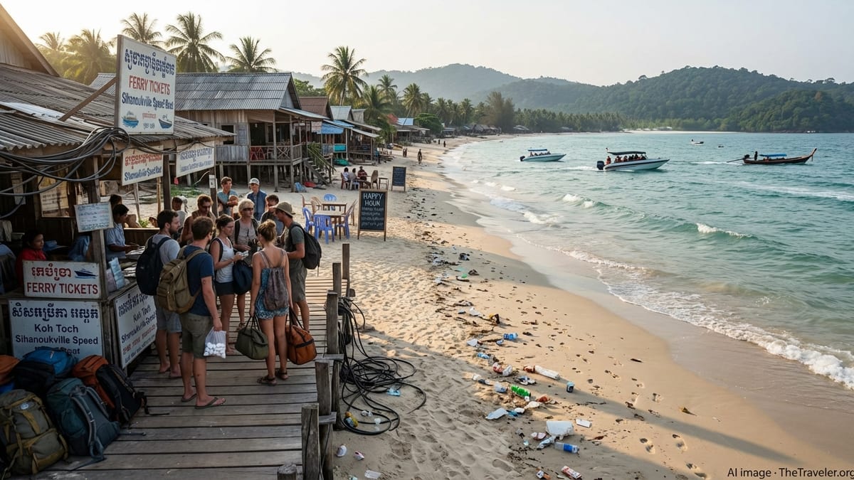 Backpackers and locals mingle on a bustling pier in Koh Rong, Cambodia.