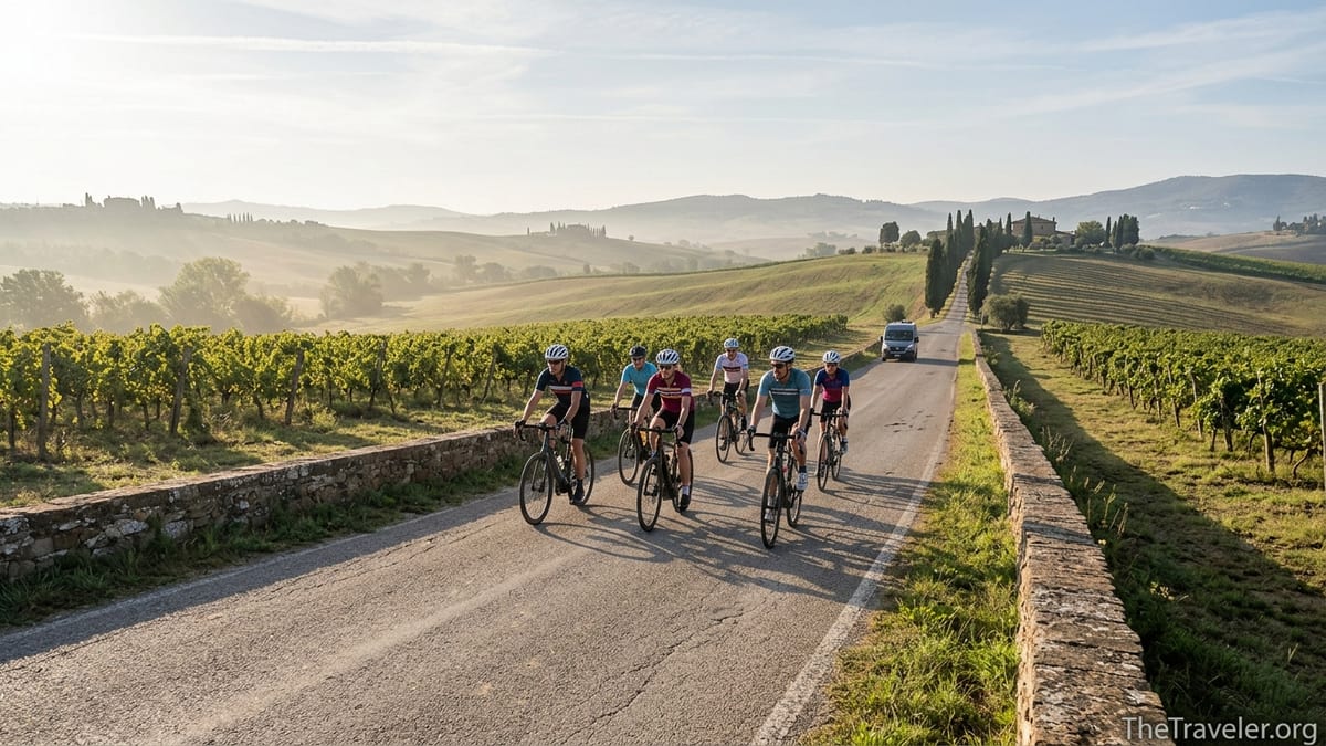 Cyclists on a quiet country road through Tuscan vineyards on a guided active travel tour.