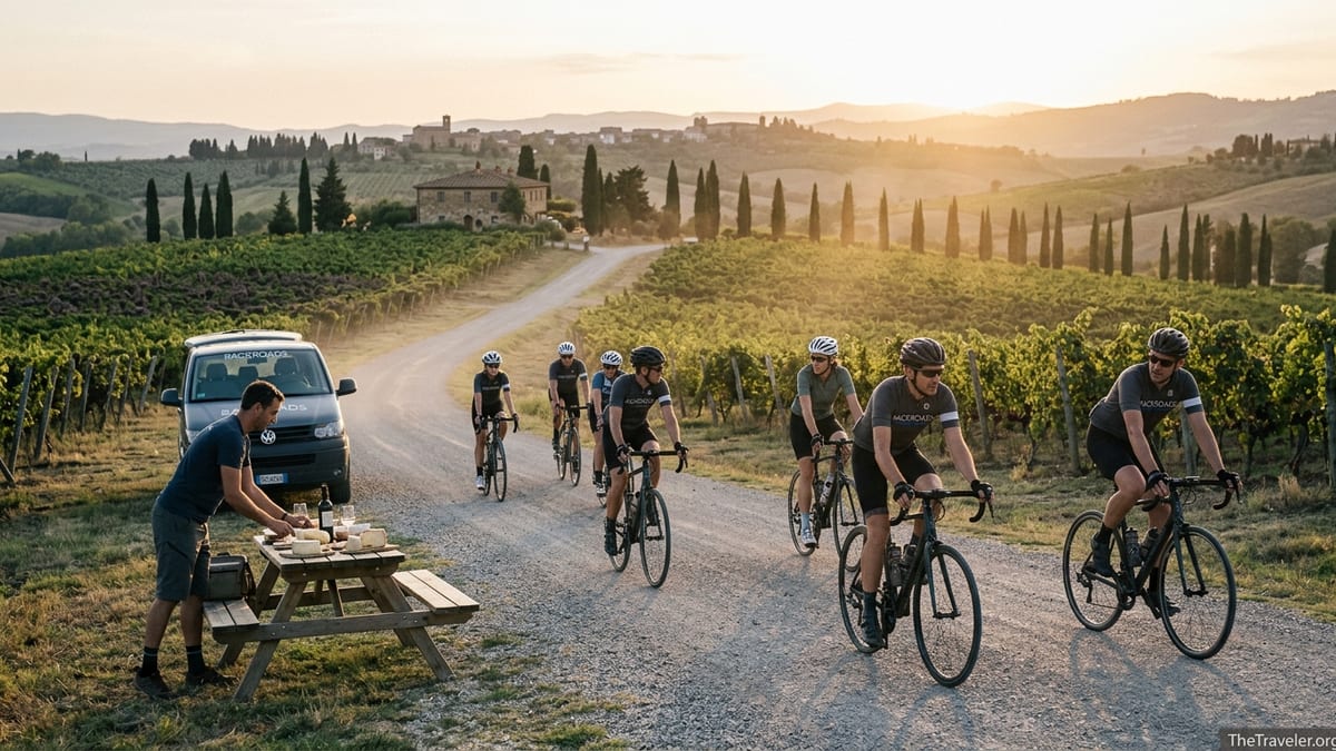 Cyclists on a Backroads tour riding through sunlit Tuscan vineyards past a picnic setup and support van.