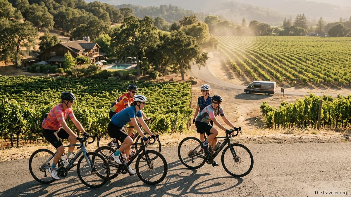 Cyclists riding past Napa Valley vineyards at golden hour with a support van nearby