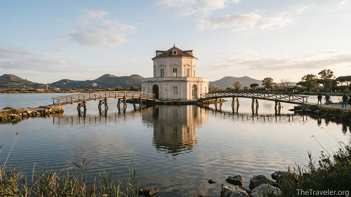 Casina Vanvitelliana pavilion reflected in the calm waters of Lake Fusaro in Bacoli near Naples.