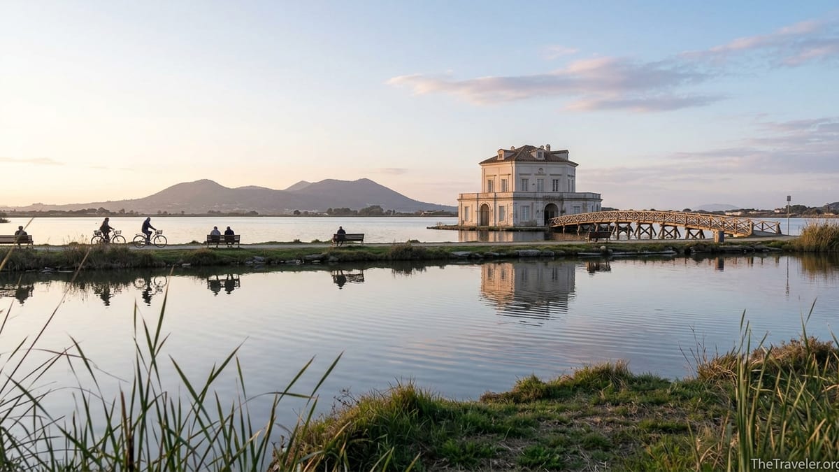 Calm evening view of Bacoli’s Lake Fusaro with Casina Vanvitelliana reflected in the still lagoon.