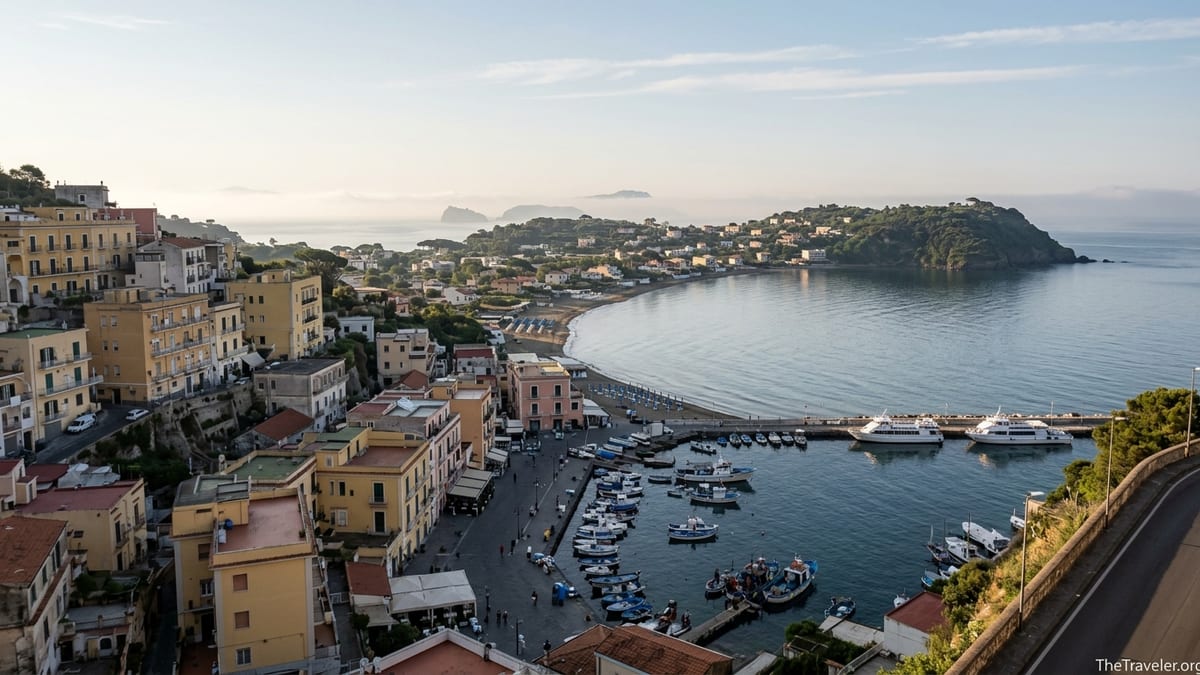 Sunrise view over Pozzuoli harbor and the Bacoli coastline in Italy