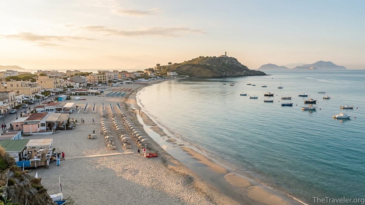 Sunrise over Miseno beach and Capo Miseno headland on the Bacoli coast in Campania.
