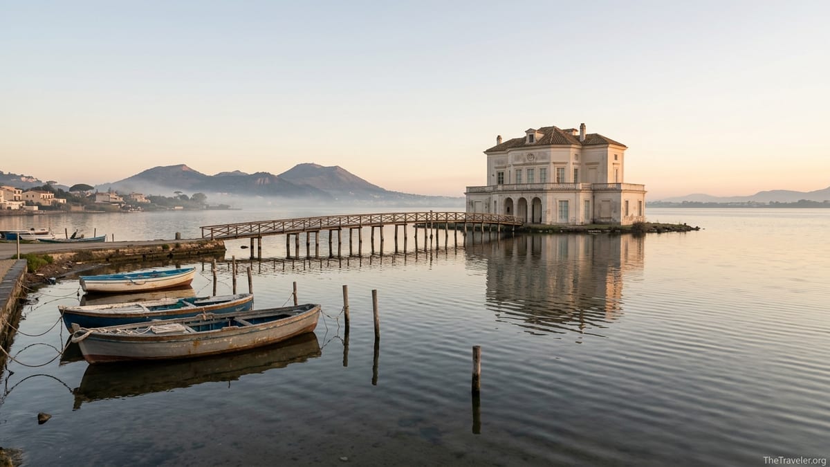 Sunrise over Lake Fusaro in Bacoli with Casina Vanvitelliana reflected on calm water.