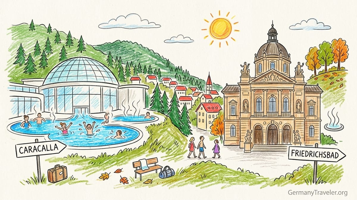 Indoor thermal pool at Caracalla Spa in Baden-Baden with steam and bathers relaxing under glass roof.