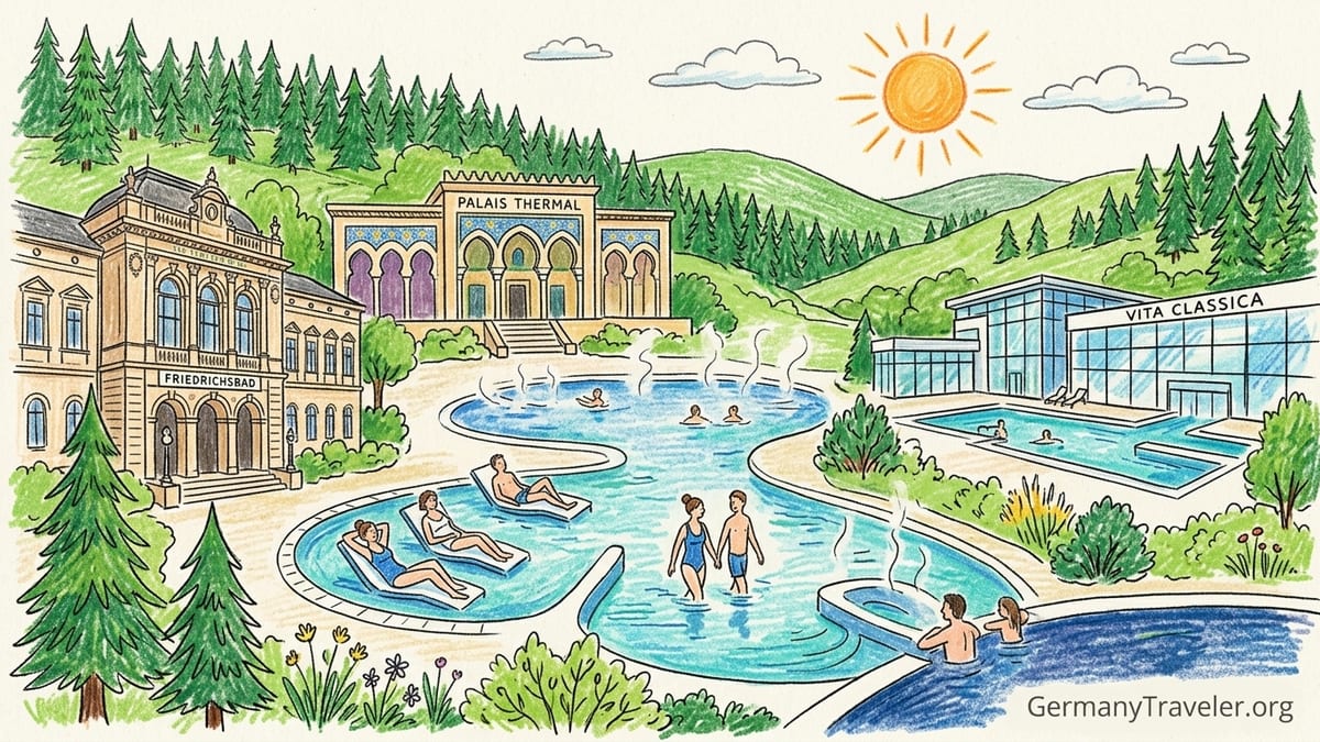 Steam rises from an outdoor thermal pool at a historic spa in Baden-Württemberg at sunset.