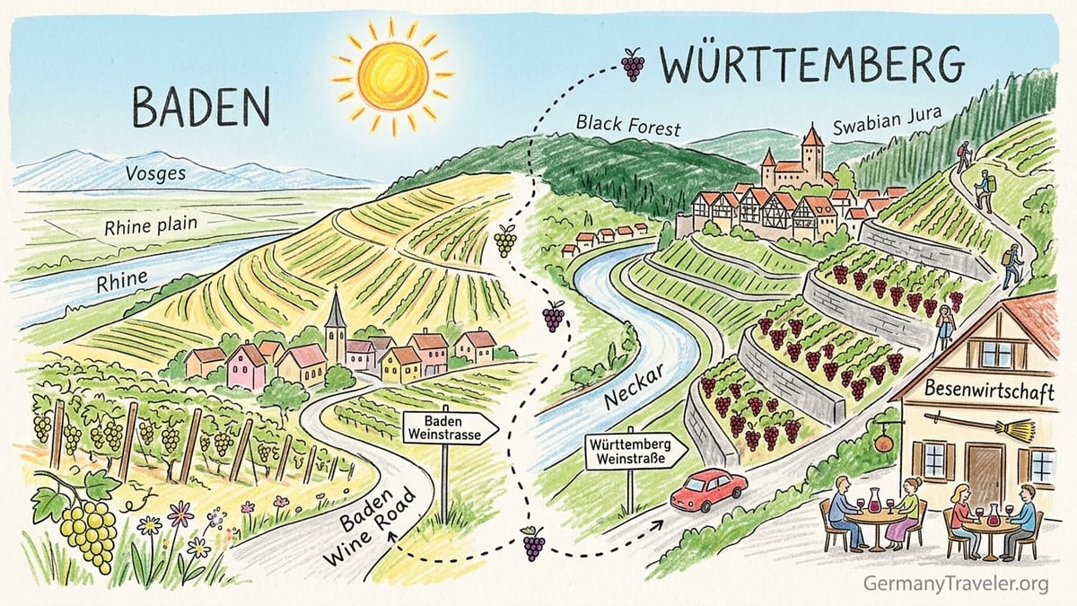 Sunlit vineyards in Baden and Württemberg with villages and hills at golden hour