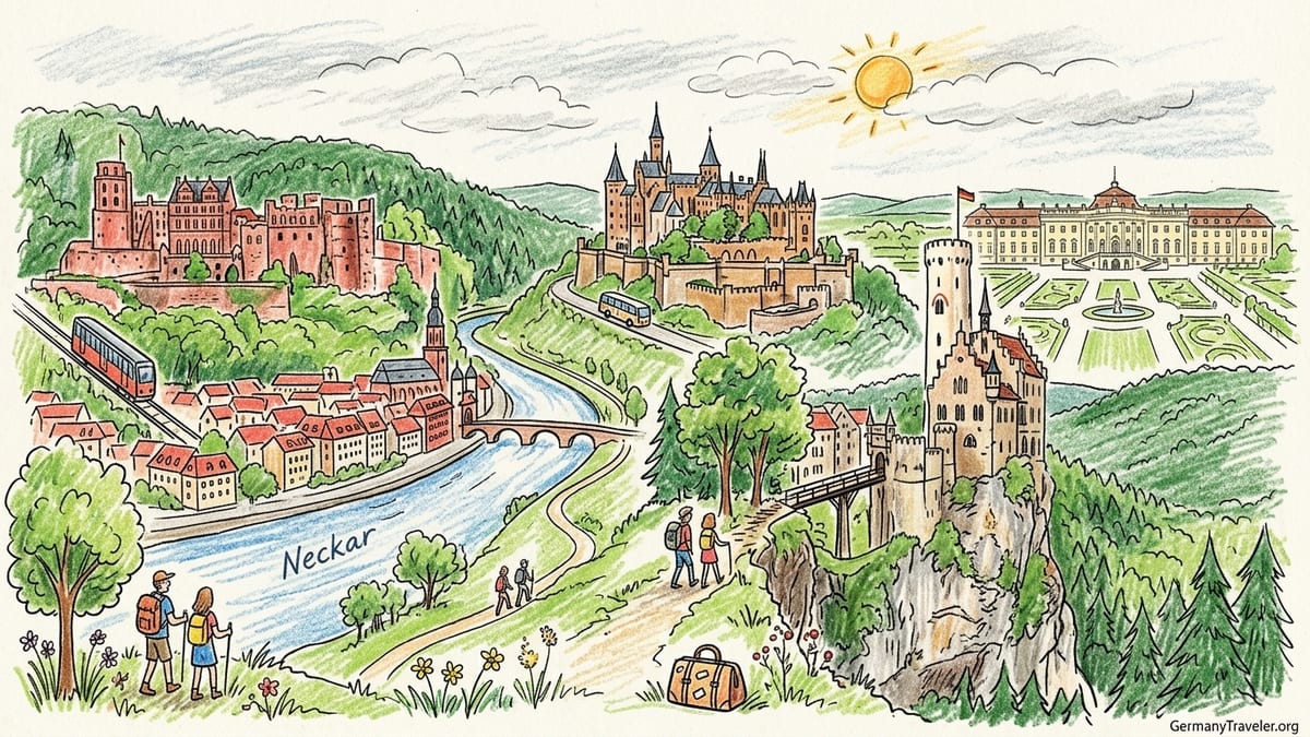 Heidelberg Castle above the Neckar River and old town at golden hour in Baden-Württemberg.