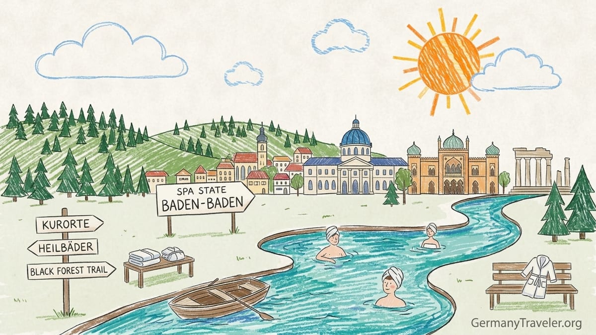 Historic thermal pool under a domed hall in Baden-Baden with relaxed bathers in robes