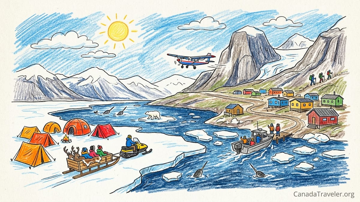 Spring floe-edge camp with tents and snowmobiles on sea ice below Baffin Island mountains at midnight sun.
