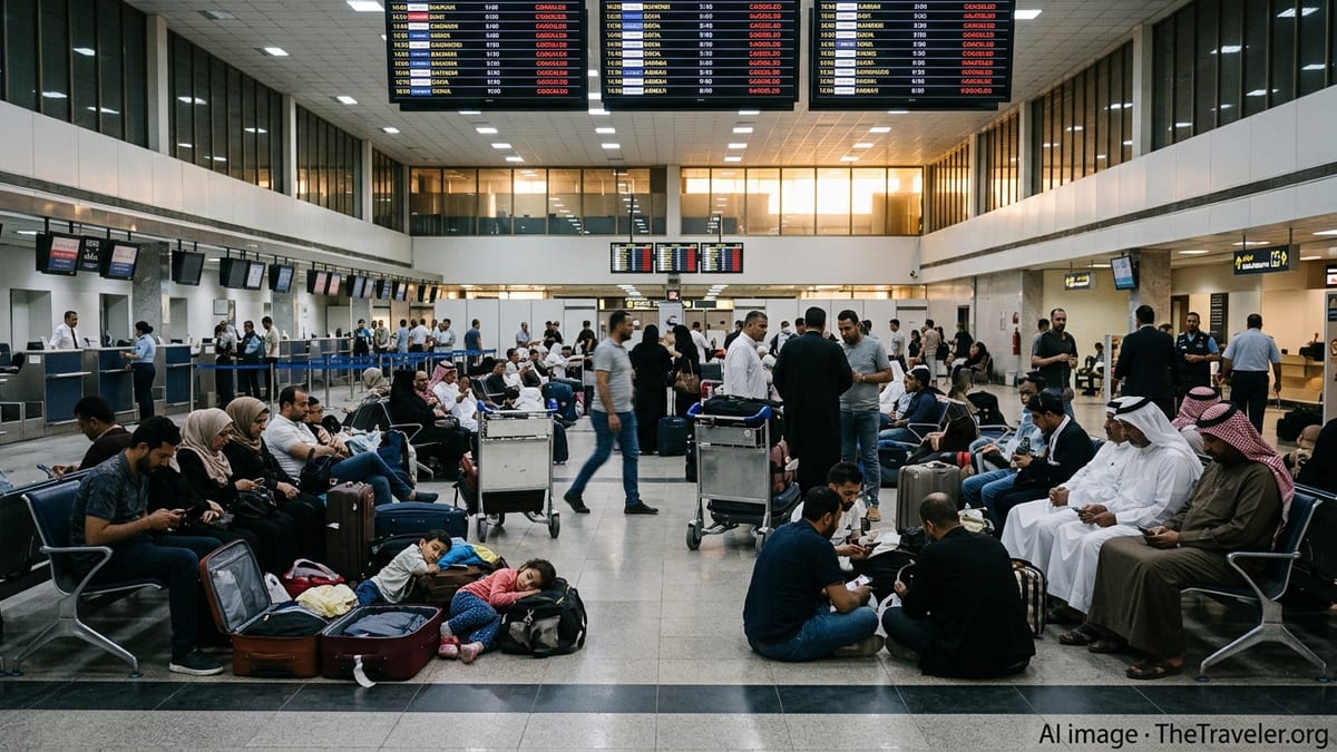 Stranded passengers sit with luggage under cancellation boards at Baghdad International Airport.