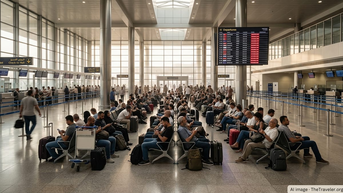 Stranded passengers sitting with luggage under a departures board showing cancelled flights at Baghdad International Airport.