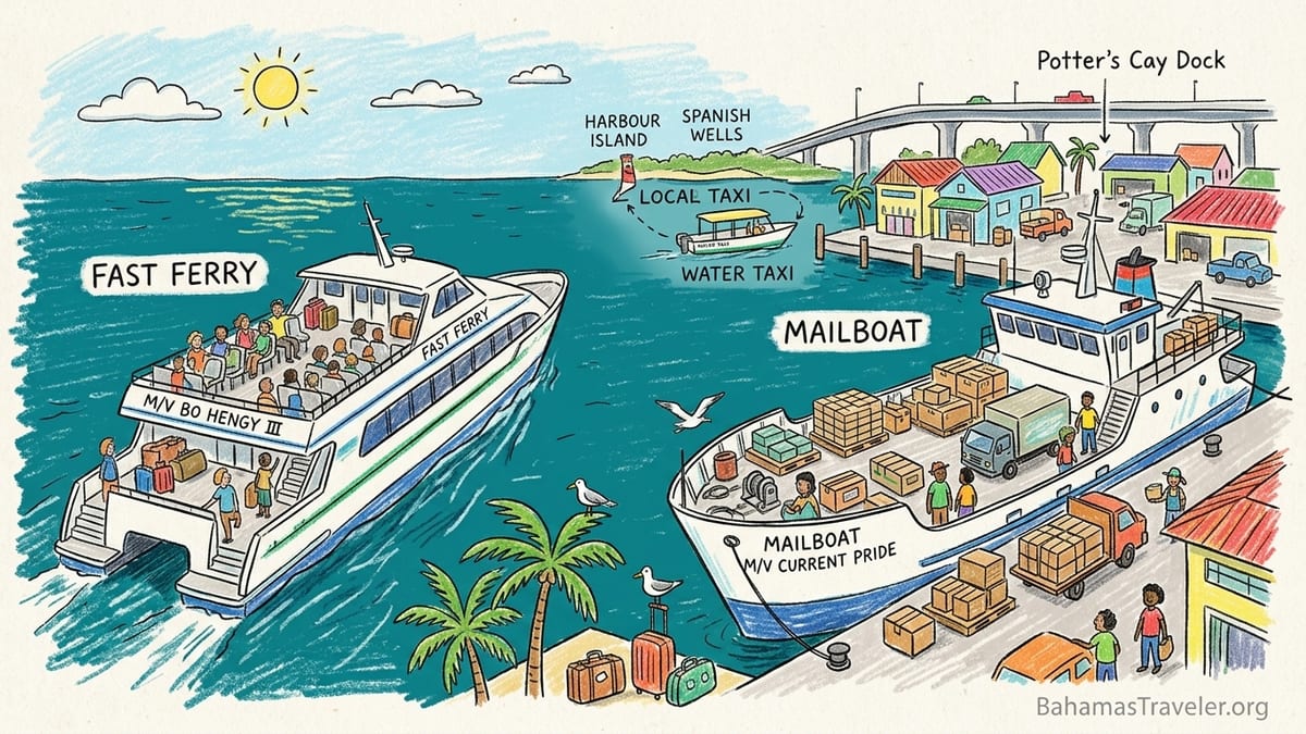 Passengers with luggage queue at Potter’s Cay Dock in Nassau beside a ferry bound for the Family Islands.