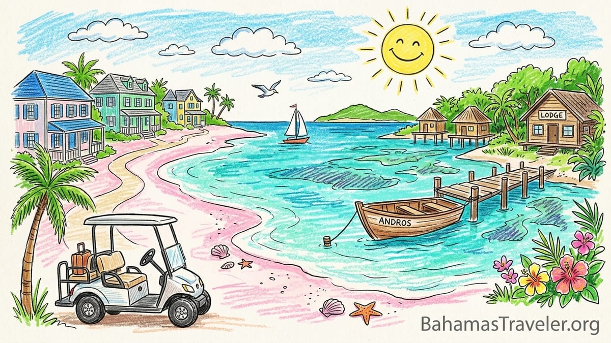Pink-sand beach and pastel cottages at a small boutique hotel in the Bahamas Out Islands at sunrise.